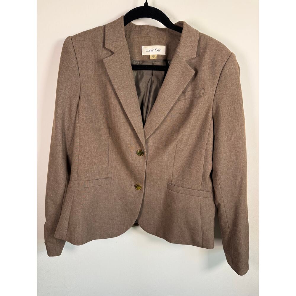 Calvin Klein Taupe Career Blazer Gold Button Office Quiet Luxury 14